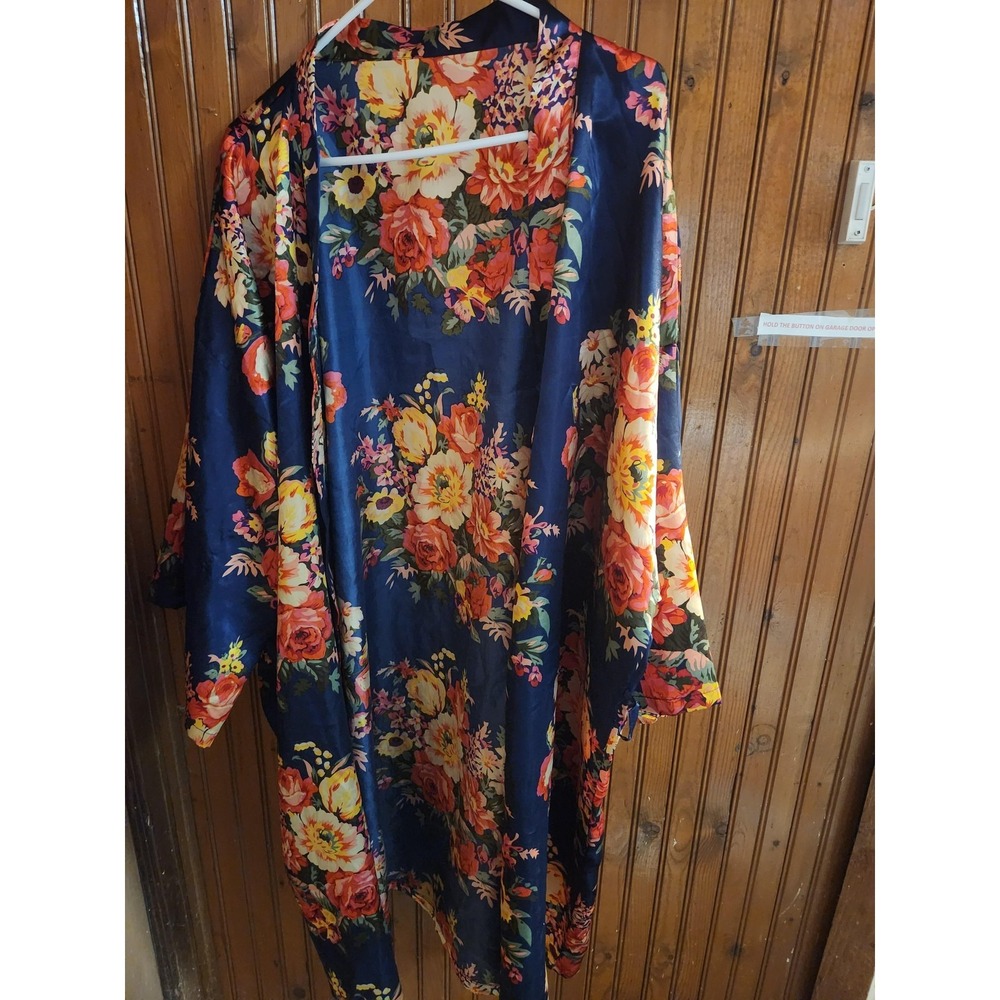 Robe Womens One Size Blue Floral Satin Kimono Lightweight‎ 3/4 Sleeve Lounge